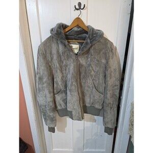 Vintage Bermans Leather Jacket Coat 46L Chore Faux Fur Lining Hooded Gray READ